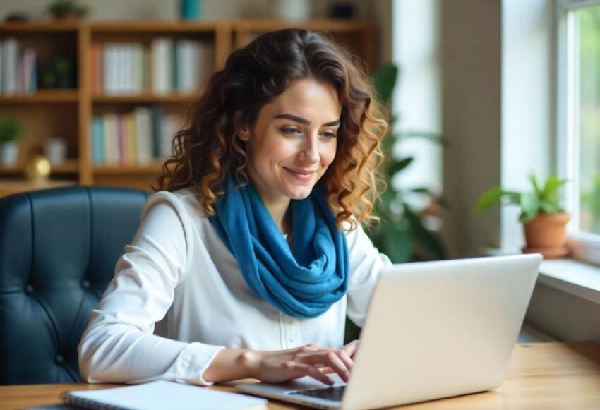 A person with curly hair and a blue scarf sits at a desk, using a laptop for AMC Exam preparation. Bookshelves and plants in the background create a serene study atmosphere, while Ace QBank resources are scattered around to ensure success.