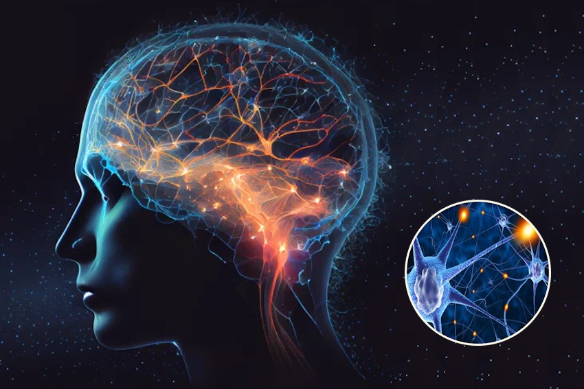 Illustration of a silhouetted human head with a glowing neural network inside the brain, accompanied by an inset highlighting synapses and neurons, reminiscent of preparing for MCCQE1 using resources like Ace QBank.