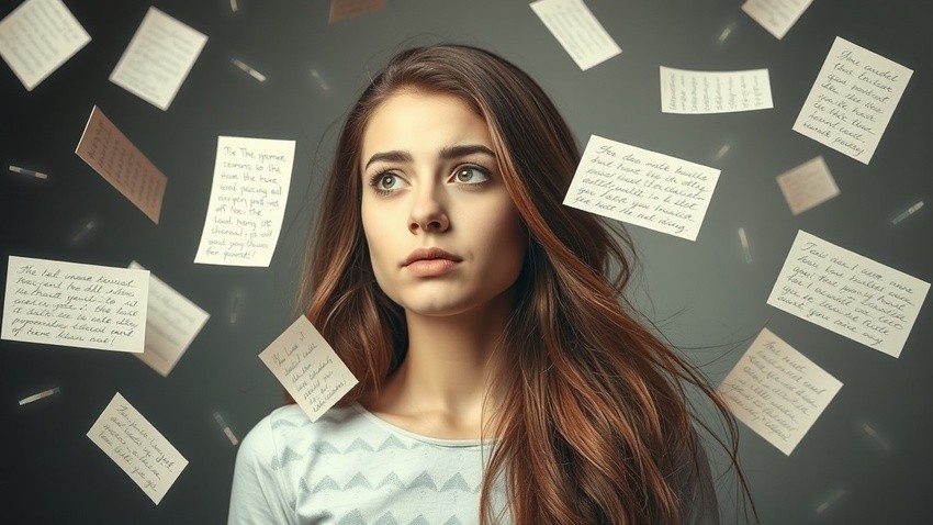 A woman with long hair stands surrounded by floating pieces of paper, each scrawled with effective study techniques for the AMC Exam.