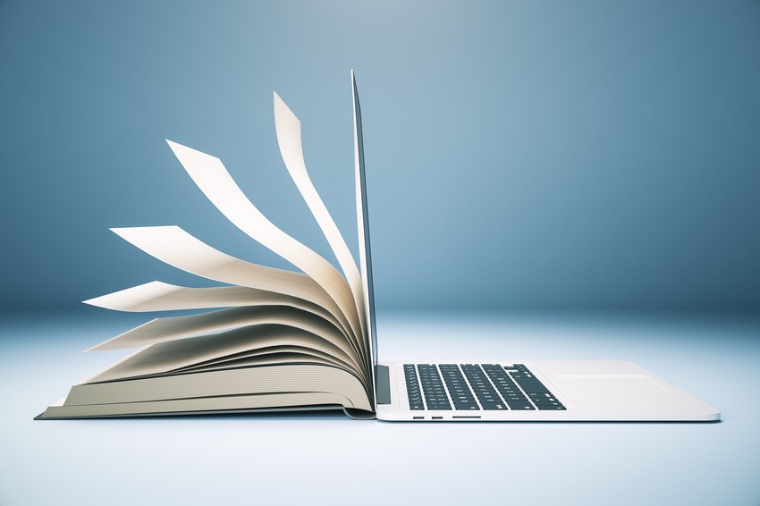 An open book with pages fanned out sits against the side of an open laptop, blending seamlessly with the screen displaying Ace QBank. The background is a soft gradient of blue and gray, creating a serene setting for MCCQE1 exam preparation.