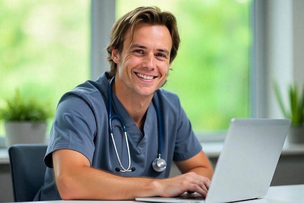 A person in medical scrubs with a stethoscope around their neck is sitting at a desk, smiling at a laptop, indoors with greenery visible through a window, as they focus on AMC exam preparation.