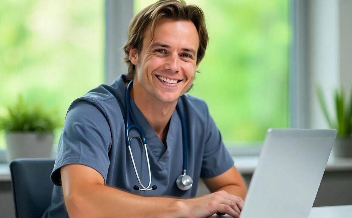 A person in medical scrubs with a stethoscope around their neck is sitting at a desk, smiling at a laptop, indoors with greenery visible through a window, as they focus on AMC exam preparation.