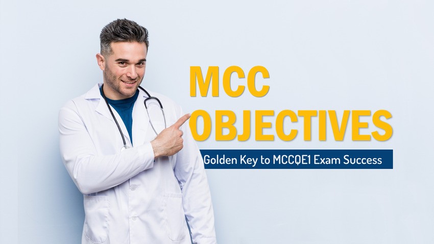 A doctor in a white coat points at text reading, "MCC Objectives: Golden Key to MCCQE1 Success" in response to question of How Can I Score High in MCCQE1 2025.