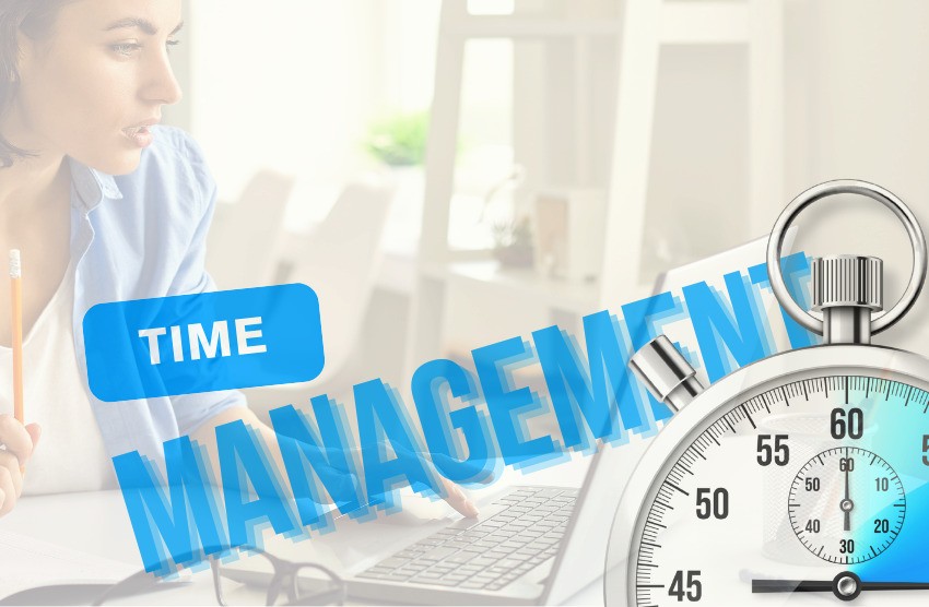 A woman using a laptop at a desk, deeply focused on her AMC MCQ exam preparation, with "Time Management" written across the image and a stopwatch ticking in the foreground.