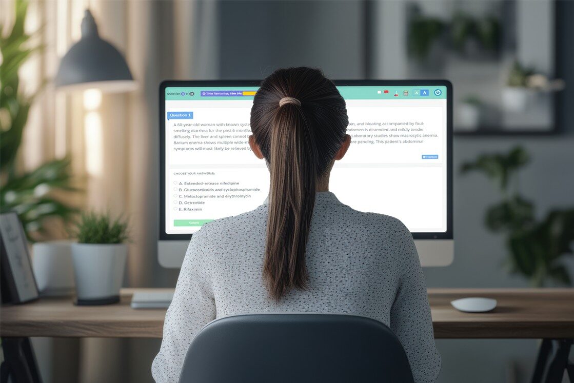 A person with long hair sits at a desk, focusing intently on the computer screen that displays a multiple-choice question from Ace QBank, perfect for their MCCQE1 preparation. The well-lit room, adorned with plants, provides an ideal study atmosphere.