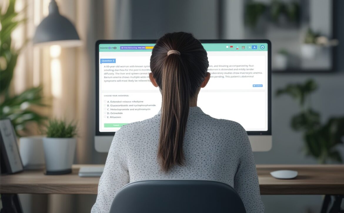 A person with long hair sits at a desk, focusing intently on the computer screen that displays a multiple-choice question from Ace QBank, perfect for their MCCQE1 preparation. The well-lit room, adorned with plants, provides an ideal study atmosphere.