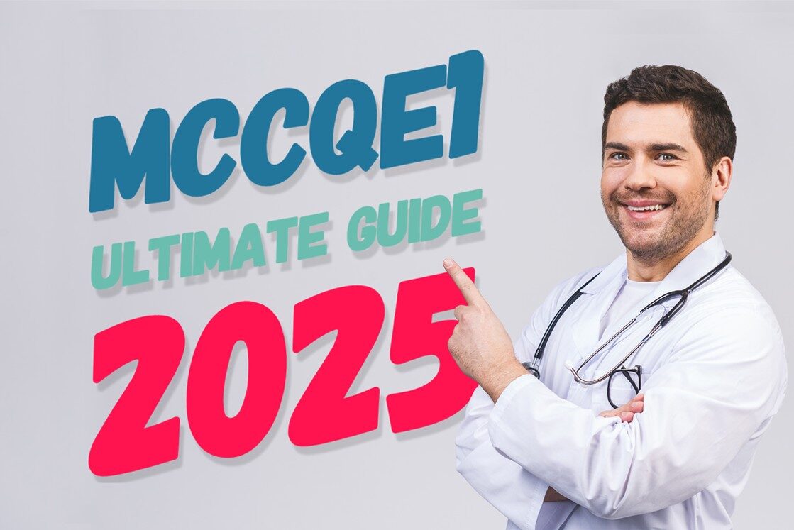 A smiling man in a white coat points to text reading "MCCQE1 Ultimate Guide 2025" on a light background, highlighting key 2025 MCCQE part 1 prep & resources. A smiling man in a white coat points to text reading "MCCQE1 Ultimate Guide 2025" on a light background, highlighting key 2025 MCCQE part 1 prep & resources.